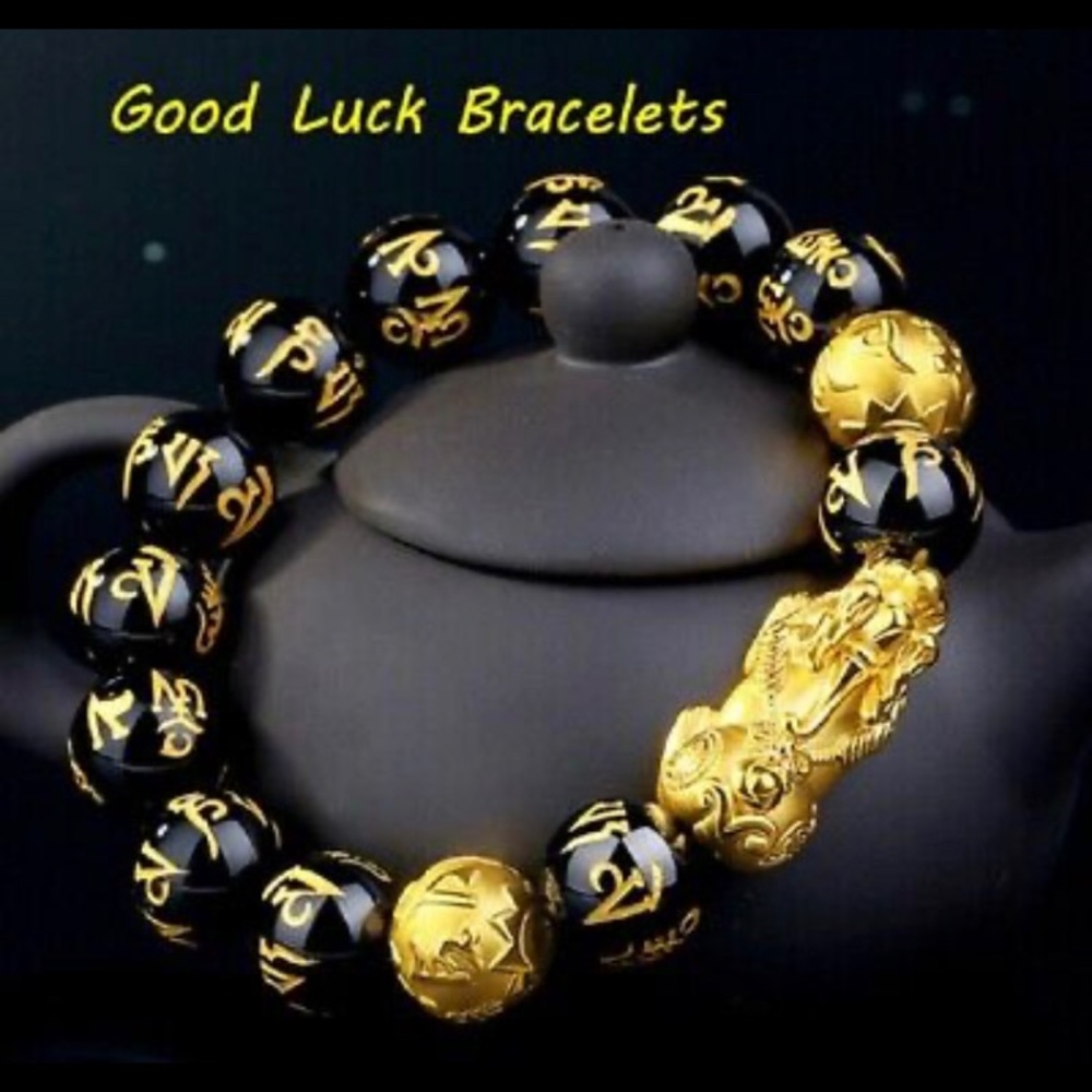 Feng Shui Black Obsidian Beads Bracelet Attract Wealth Good Luck Bangle pixiu